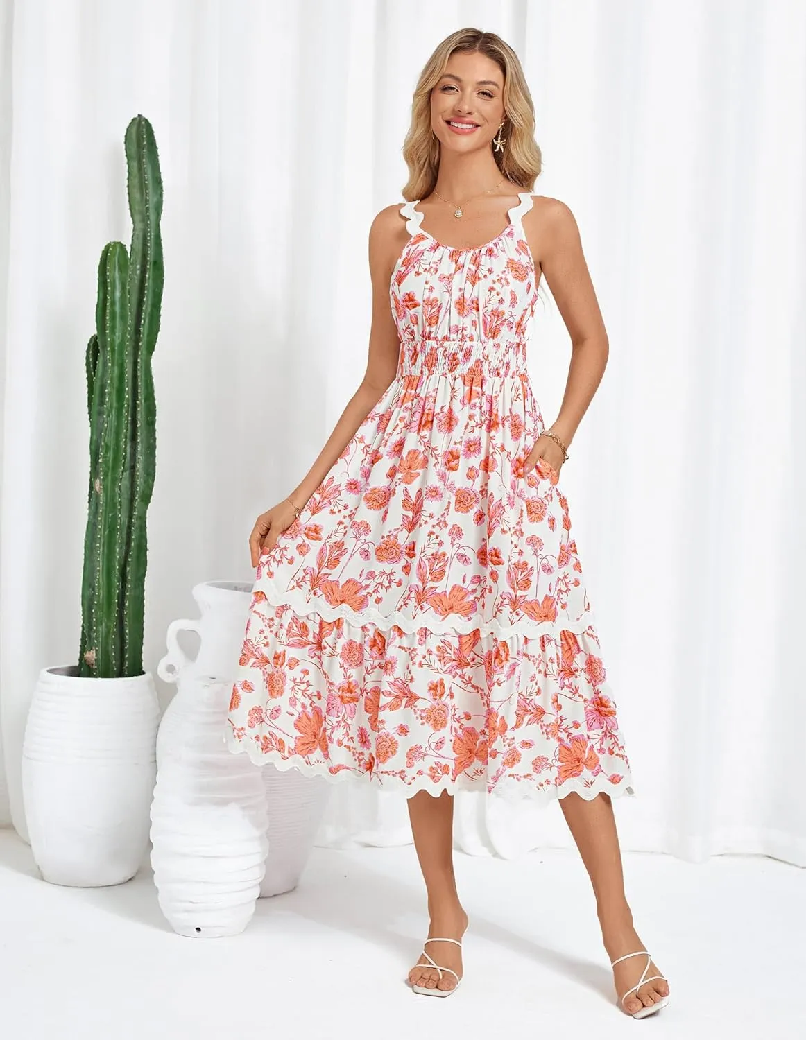 GRACE KARIN Womens 2025 Summer Floral Dress Casual Spaghetti Strap Flowy Outfit RIC Rac Trim Sundress Beach Midi Clothes