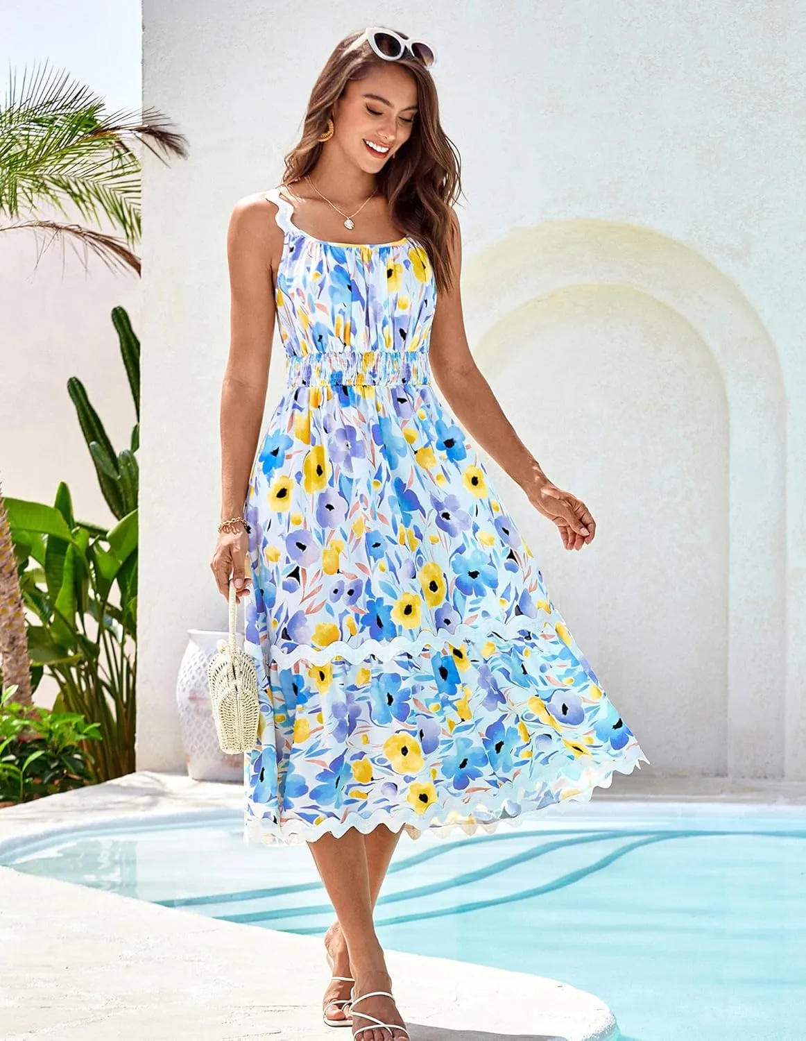 GRACE KARIN Womens 2025 Summer Floral Dress Casual Spaghetti Strap Flowy Outfit RIC Rac Trim Sundress Beach Midi Clothes