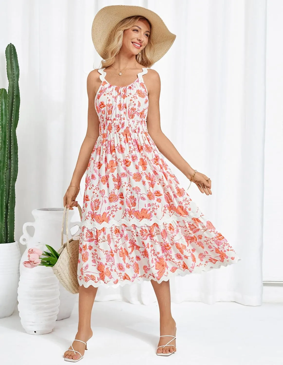 GRACE KARIN Womens 2025 Summer Floral Dress Casual Spaghetti Strap Flowy Outfit RIC Rac Trim Sundress Beach Midi Clothes