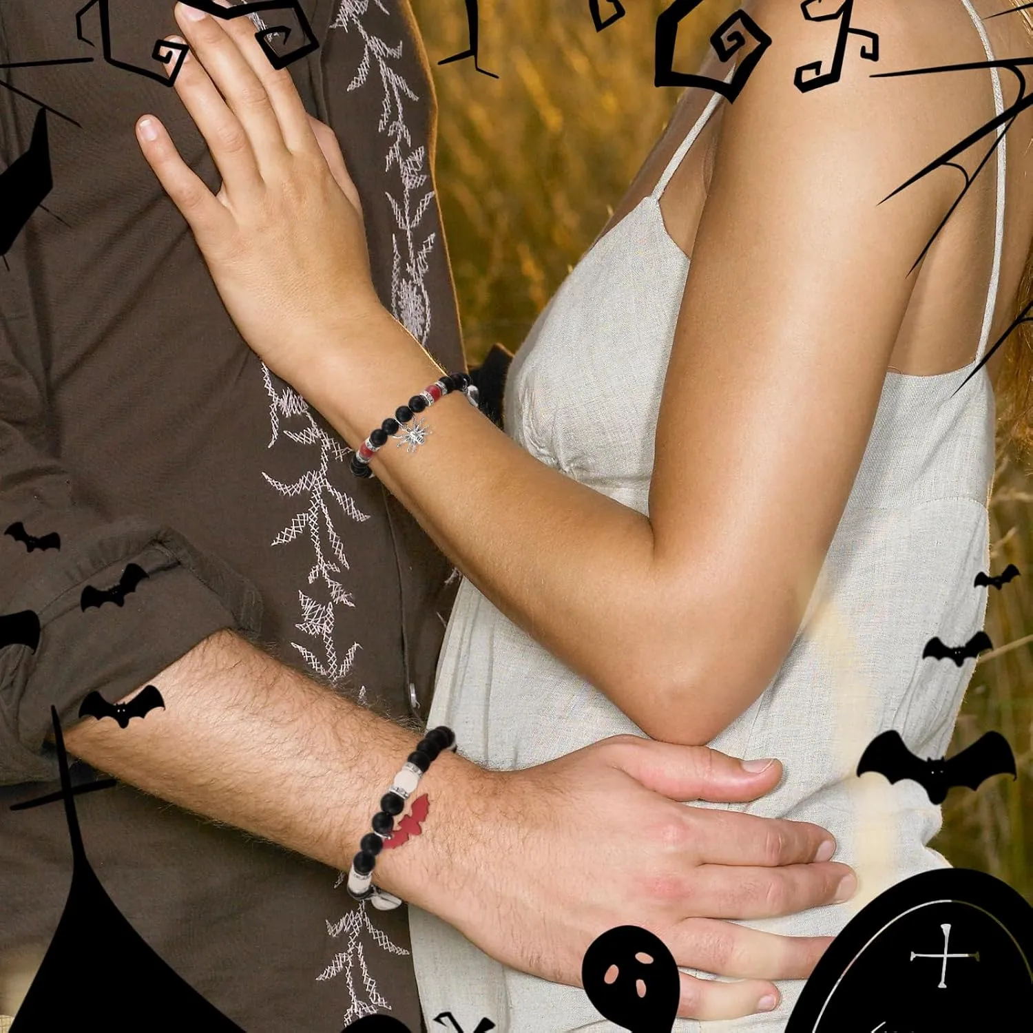 Halloween Bracelets Matching Bracelets for Couples Friendship Bracelets Couples Spider Bat Matching Bracelets Heart Beaded Stretch Bracelets Halloween Valentine's Day Party Jewelry