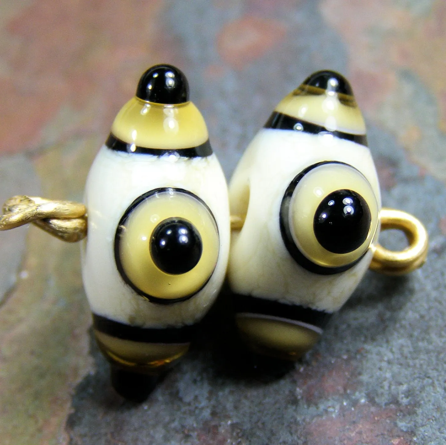 Handmade Lampwork Glass Bead Pairs, Tuxedo Ivory Amber Black Shiny