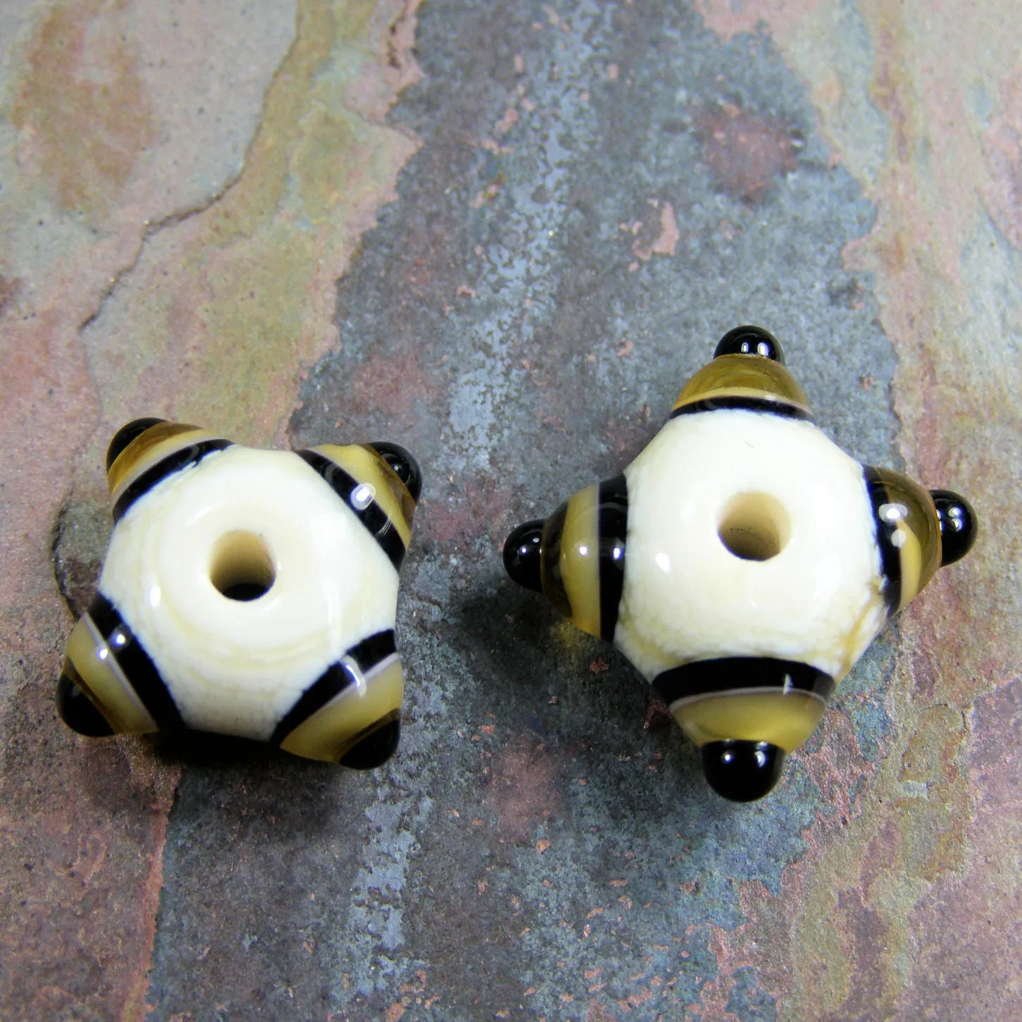 Handmade Lampwork Glass Bead Pairs, Tuxedo Ivory Amber Black Shiny