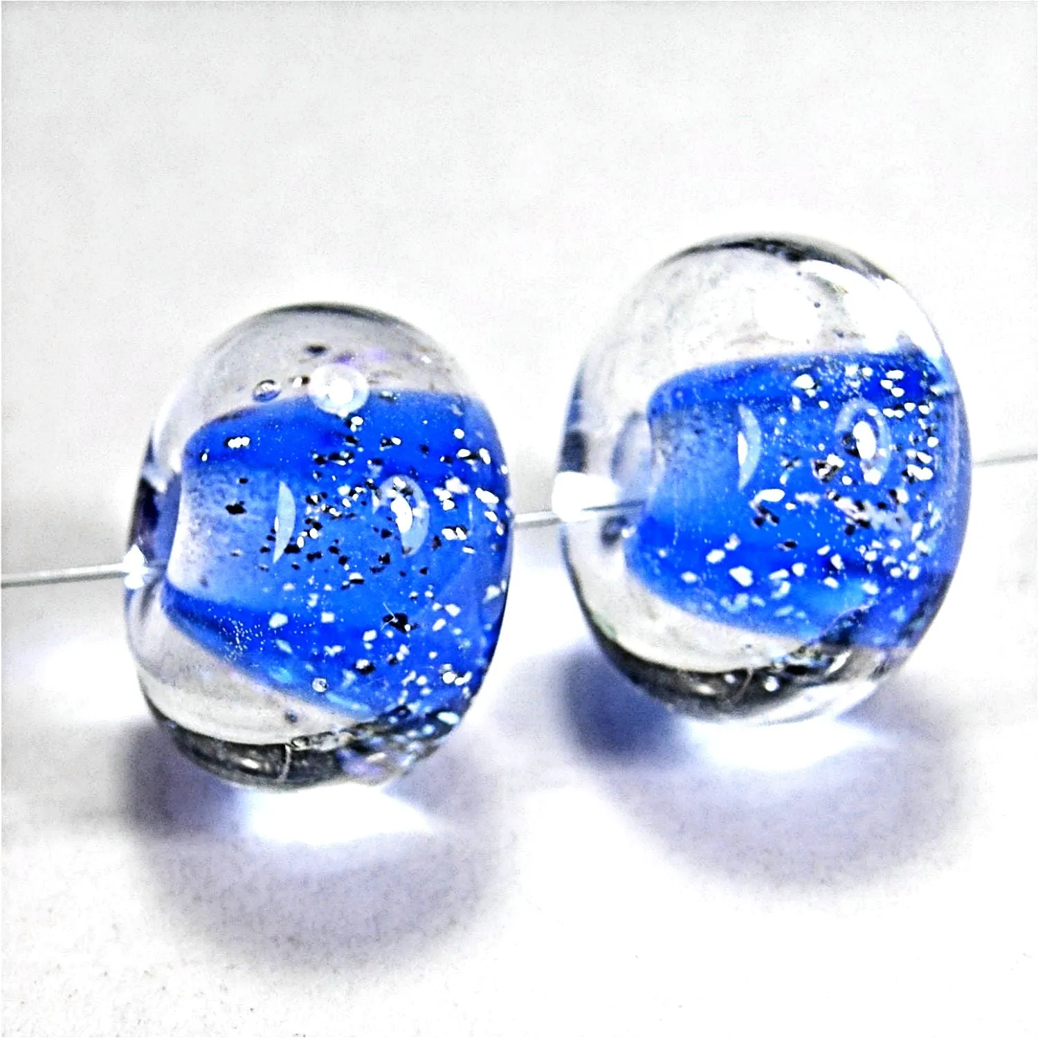 Handmade Lampwork Glass Beads, Pairs, Intense Blue Sparkly Dichroic Clear Encased