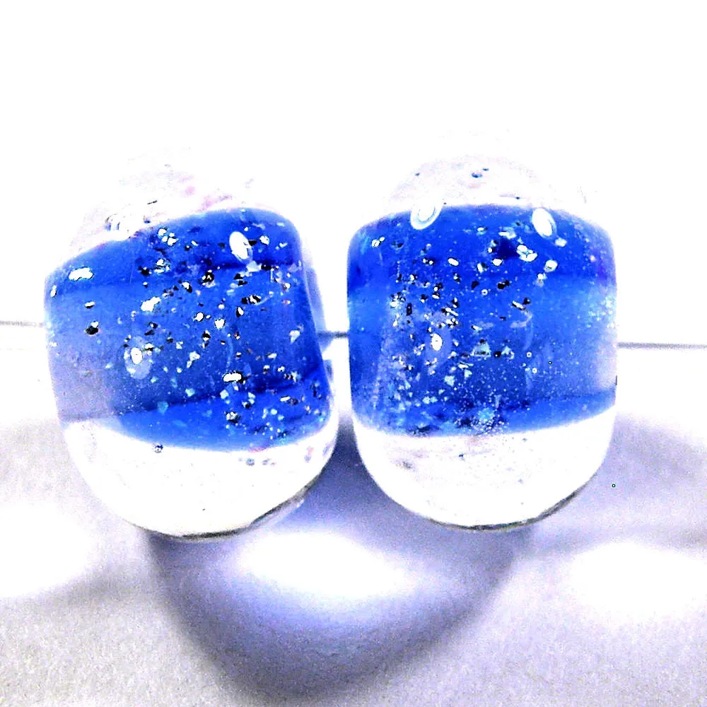 Handmade Lampwork Glass Beads, Pairs, Intense Blue Sparkly Dichroic Clear Encased