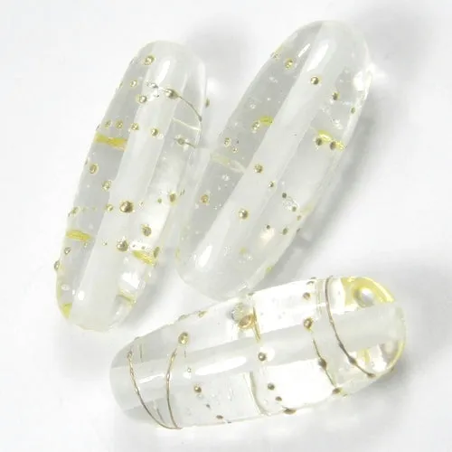 Handmade Lampwork Glass Focal Beads, Clear Silver Shiny Oblong