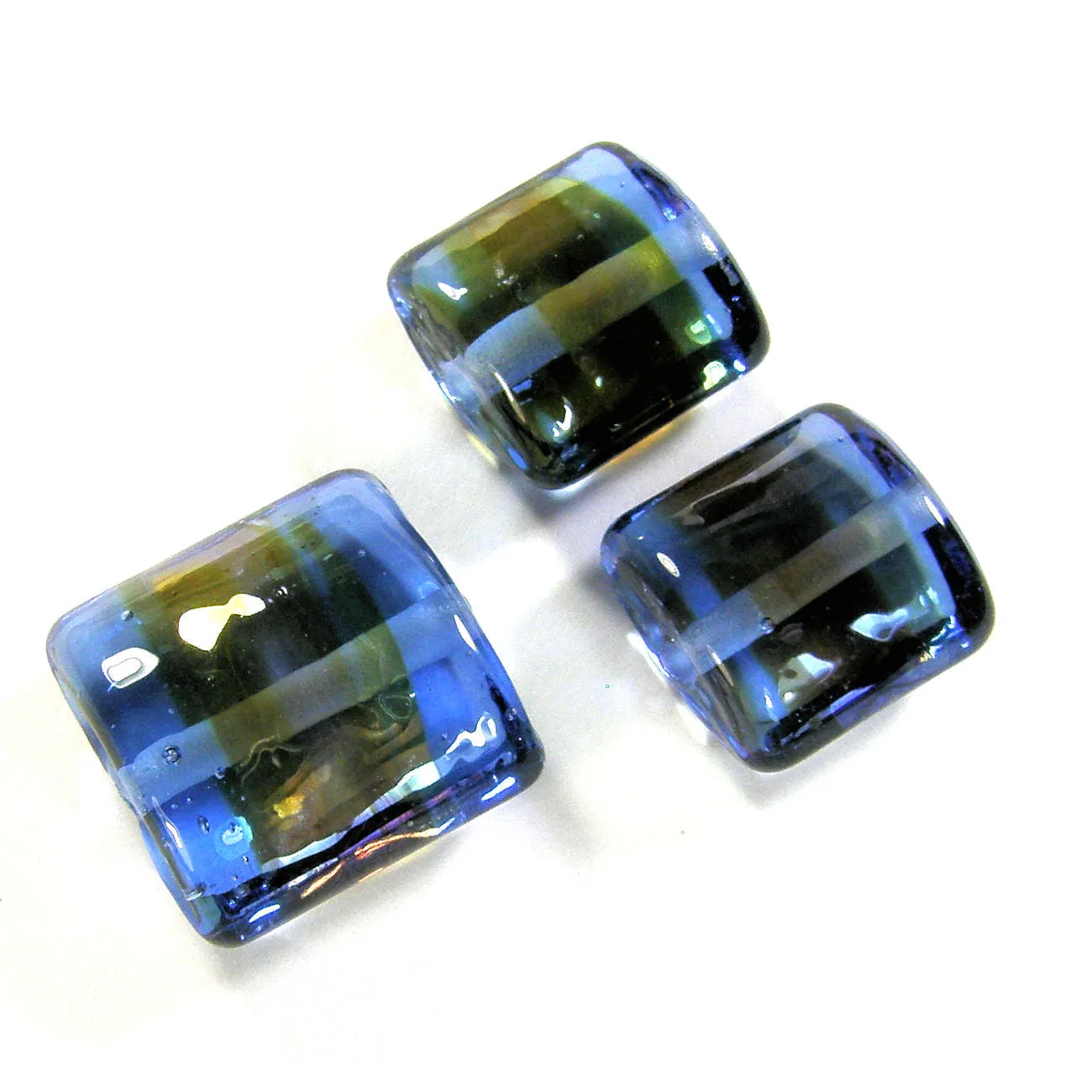 Handmade Lampwork Glass Nugget Bead Set, Light Blue Metallic Band Shiny