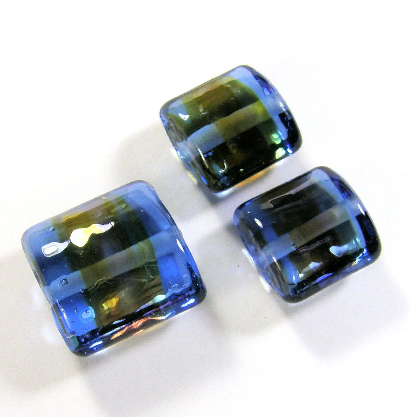 Handmade Lampwork Glass Nugget Bead Set, Light Blue Metallic Band Shiny
