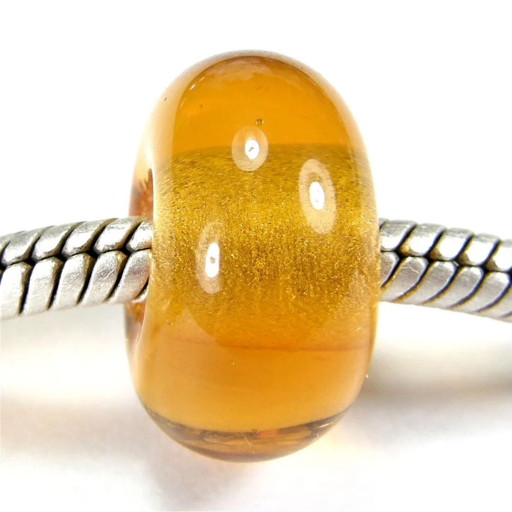 Handmade Large Hole Lampwork Beads, Euro Glass Bracelet Bead, Light Amber Shiny