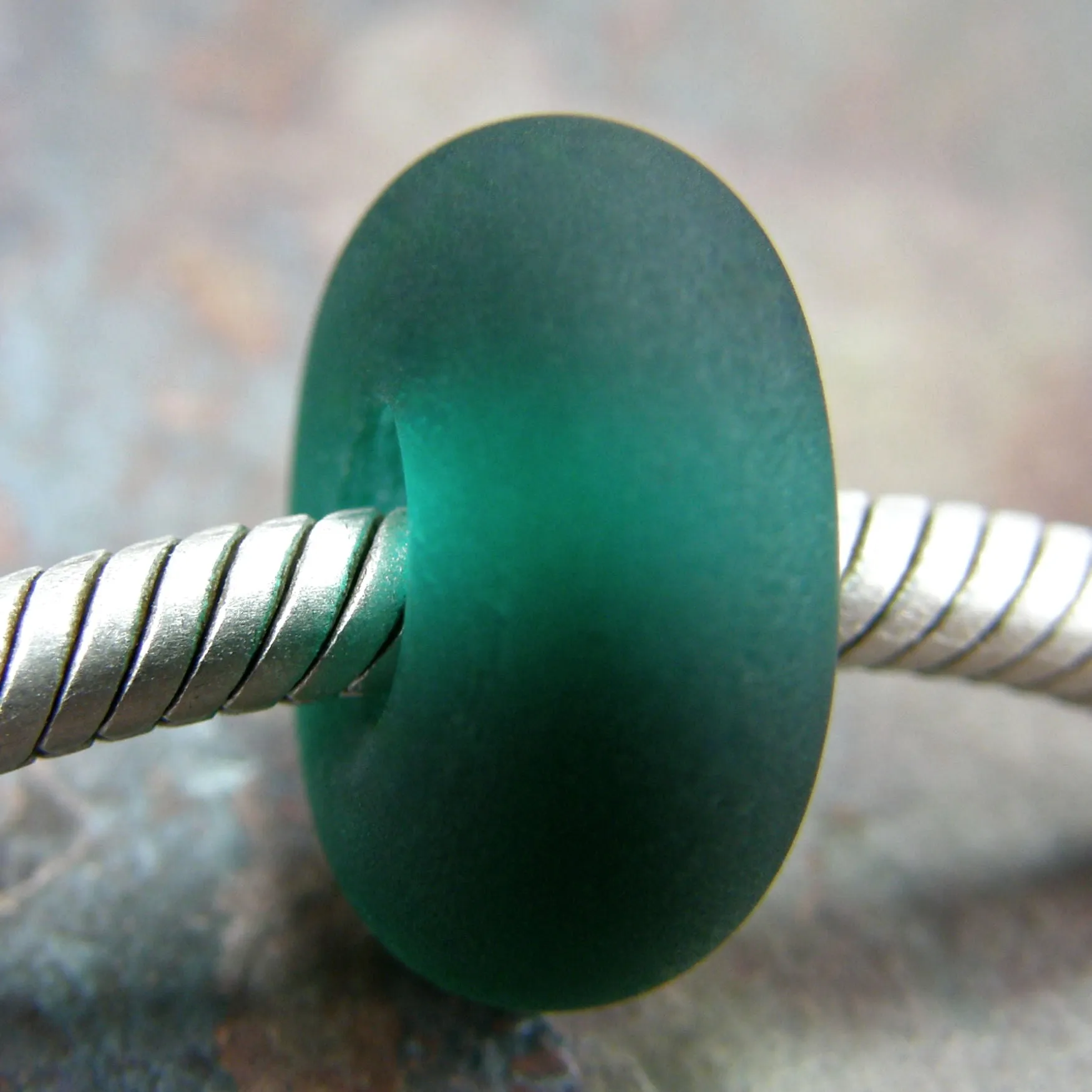 Handmade Large Hole Lampwork Beads, Euro Style Charms Dark Teal Green Etched