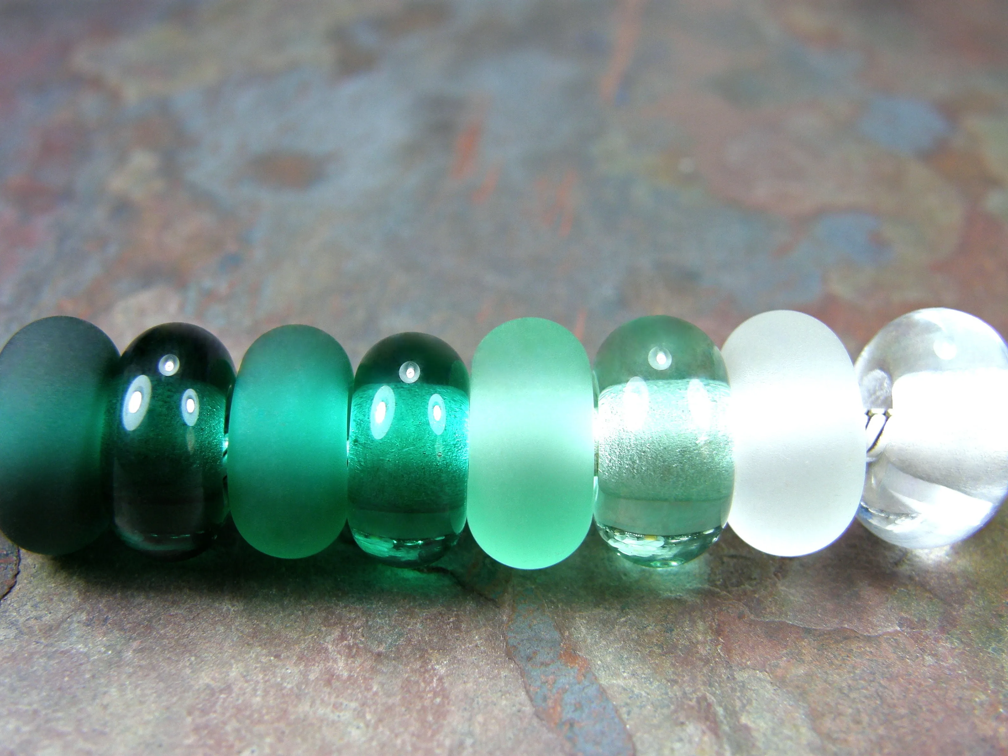 Handmade Large Hole Lampwork Beads, Euro Style Charms Light Teal Green Etched