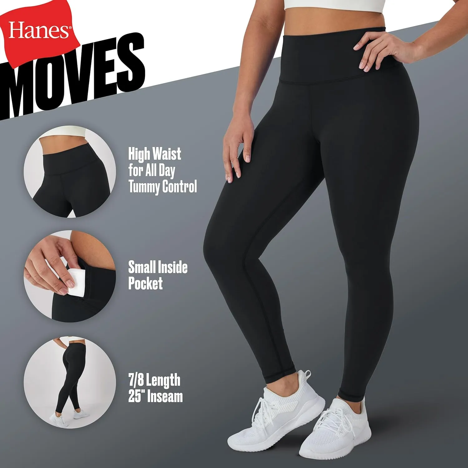 Hanes Women's Moves 7/8, Soft Moisture-Wicking Leggings with Internal Pocket, 25"