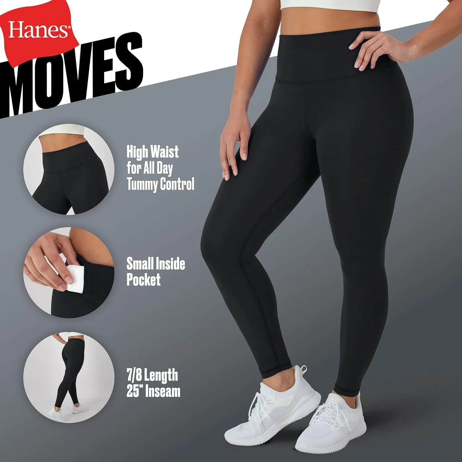 Hanes Women's Moves 7/8, Soft Moisture-Wicking Leggings with Internal Pocket, 25"