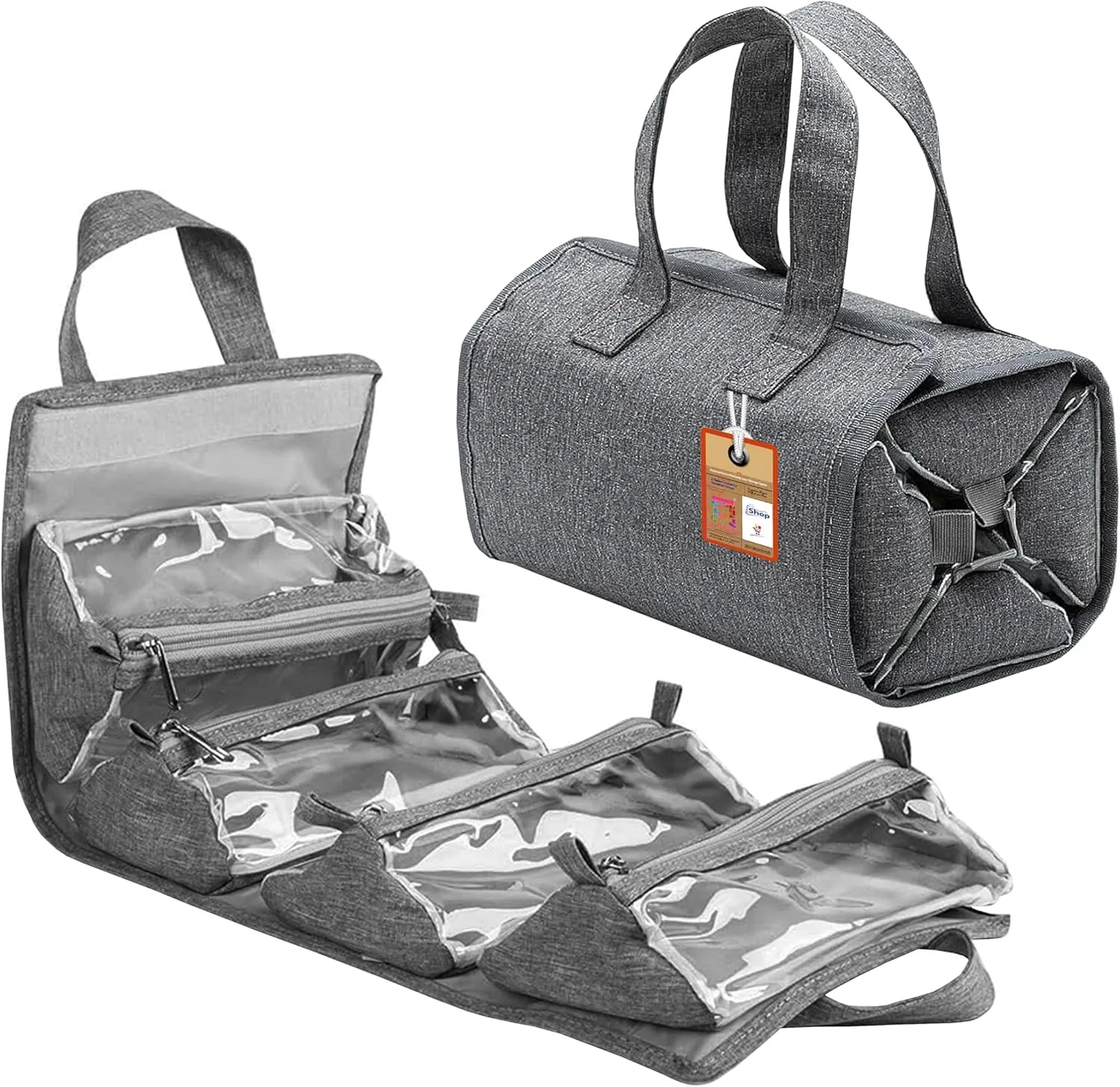 Hanging Roll-Up Makeup Bag/Toiletry Kit/Travel Organizer with 4 Removable Storage Bags for Jewellery Cosmetics First Aid Medicine Personal Care Bathroom/Brush Holder Gray