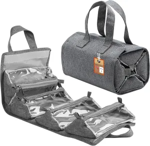 Hanging Roll-Up Makeup Bag/Toiletry Kit/Travel Organizer with 4 Removable Storage Bags for Jewellery Cosmetics First Aid Medicine Personal Care Bathroom/Brush Holder Gray