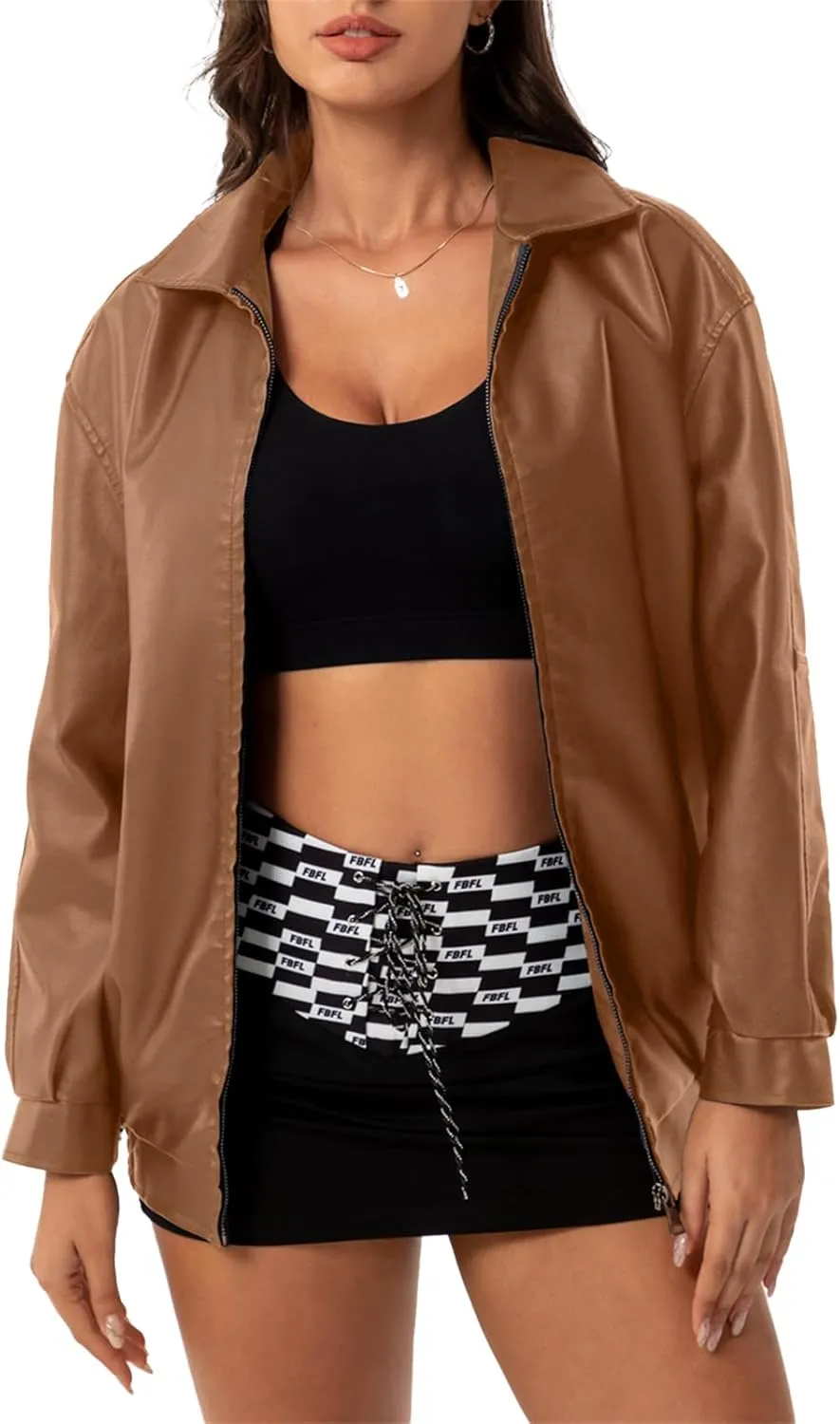 hathne Women's Oversized Leather Jackets Faux Zip Up Fall Fashion Motorcycle Jackets Coats Winter Clothes