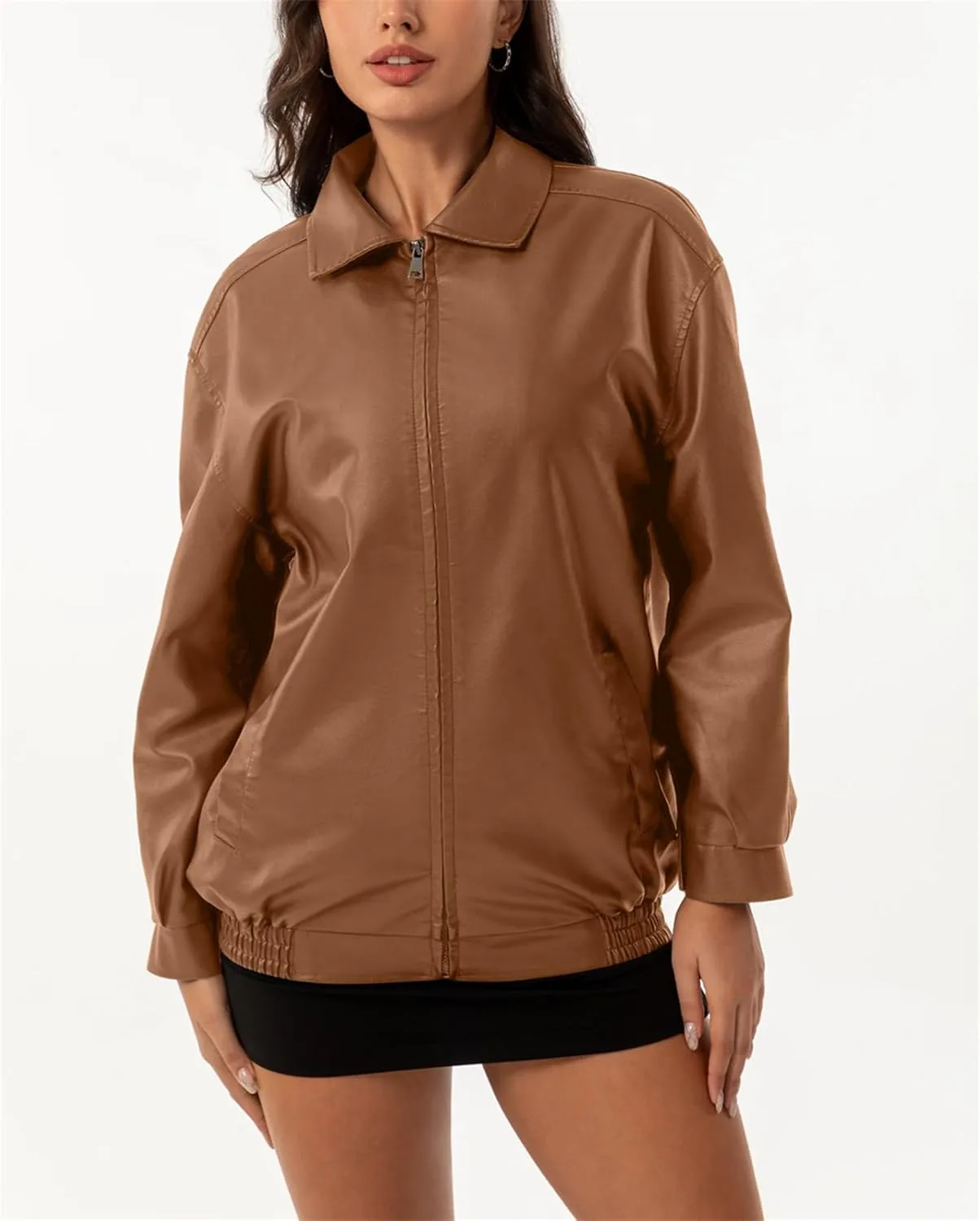 hathne Women's Oversized Leather Jackets Faux Zip Up Fall Fashion Motorcycle Jackets Coats Winter Clothes