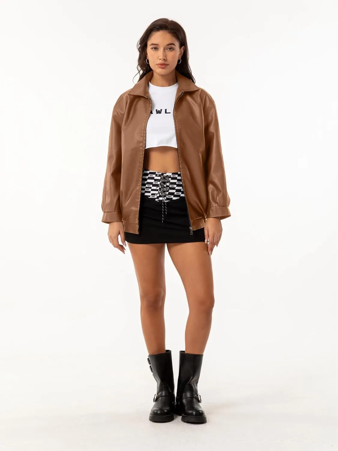 hathne Women's Oversized Leather Jackets Faux Zip Up Fall Fashion Motorcycle Jackets Coats Winter Clothes