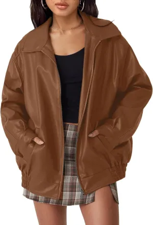 hathne Women's Oversized Leather Jackets Faux Zip Up Fall Fashion Motorcycle Jackets Coats Winter Clothes