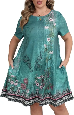 HBEYYTO Women's Plus Size Short Sleeve Loose Dress Casual Swing T Shirt Dresses with Pockets (XL-5XL)