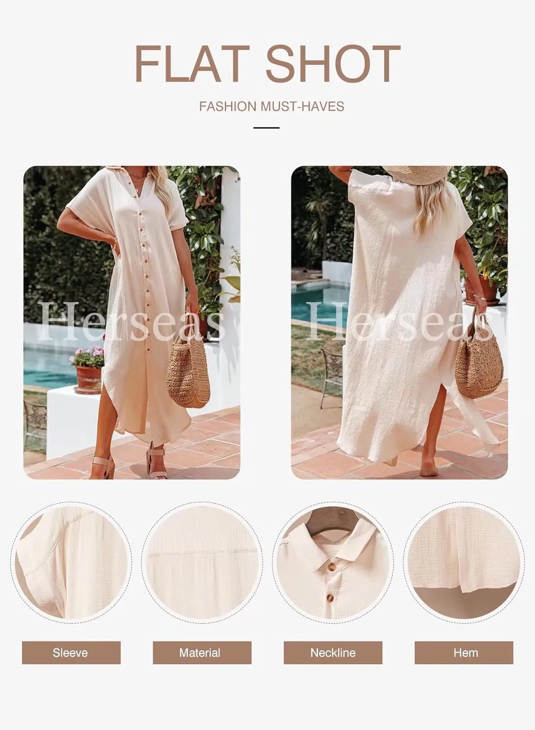 Herseas Womens Casual Short Sleeve Button Down Dress Side Split Long Kimonos Cardigans Swimsuit Cover Ups Beach Dress