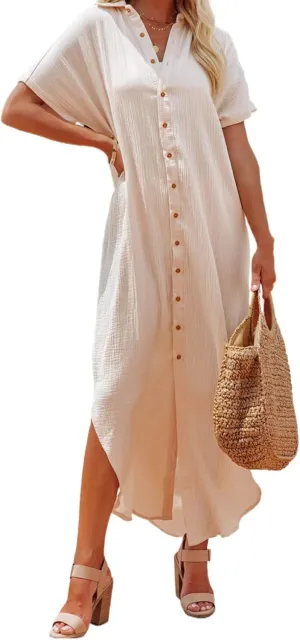 Herseas Womens Casual Short Sleeve Button Down Dress Side Split Long Kimonos Cardigans Swimsuit Cover Ups Beach Dress