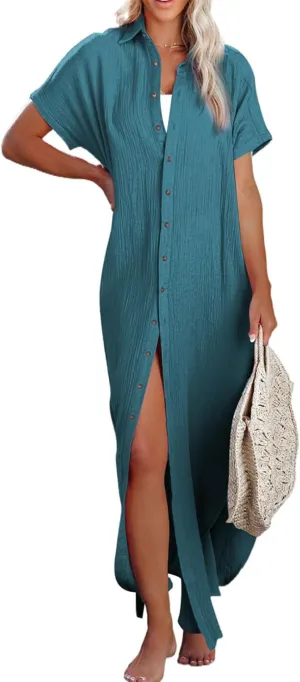 Herseas Womens Casual Short Sleeve Button Down Dress Side Split Long Kimonos Cardigans Swimsuit Cover Ups Beach Dress