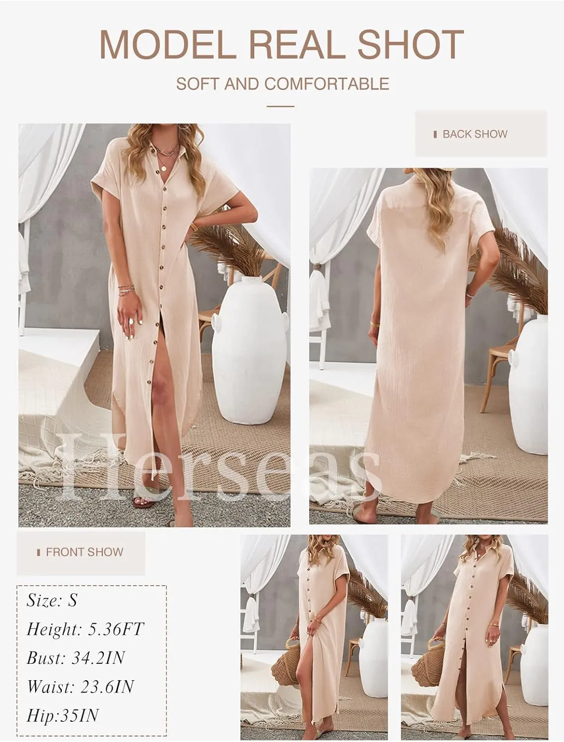 Herseas Womens Casual Short Sleeve Button Down Dress Side Split Long Kimonos Cardigans Swimsuit Cover Ups Beach Dress