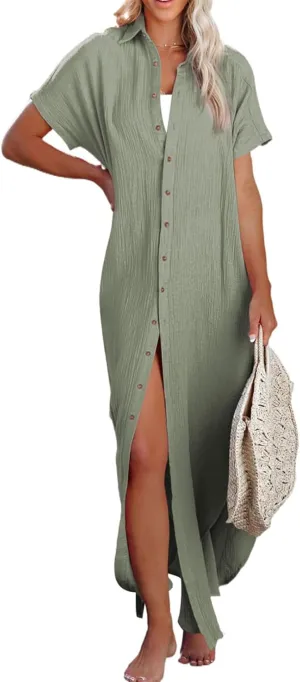 Herseas Womens Casual Short Sleeve Button Down Dress Side Split Long Kimonos Cardigans Swimsuit Cover Ups Beach Dress