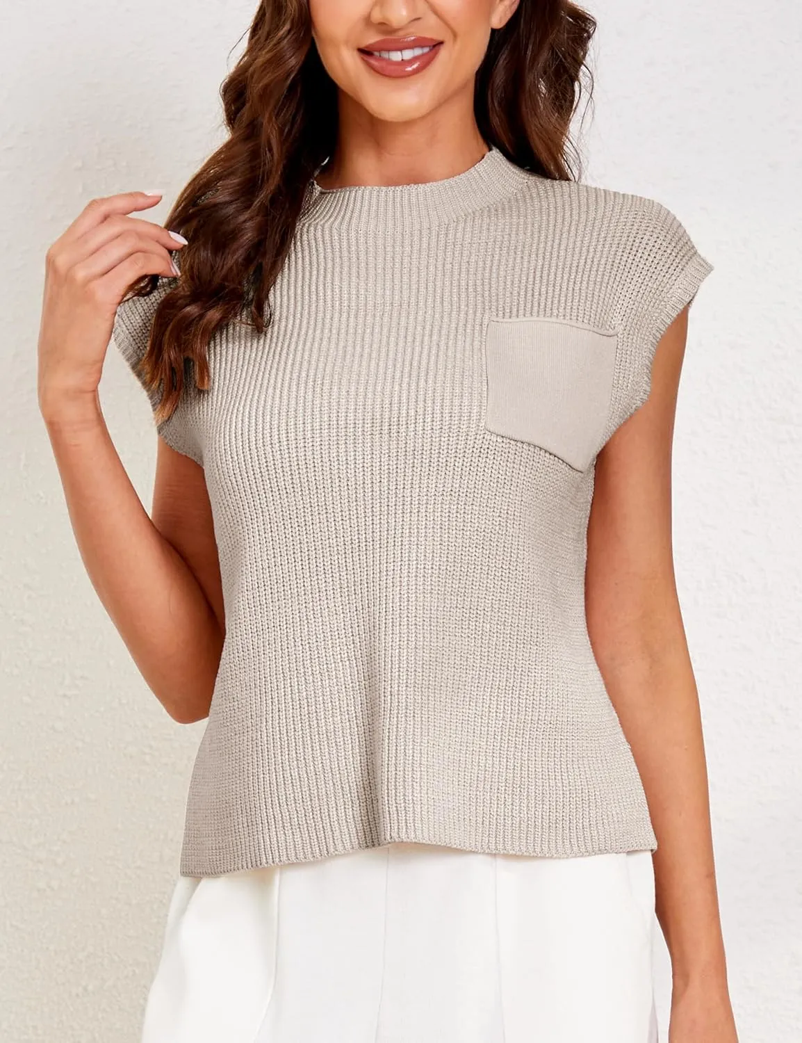 Himosyber Women's Solid Sleeveless Vest Mock Neck Cap Sleeve Knitwear Sweater Tops