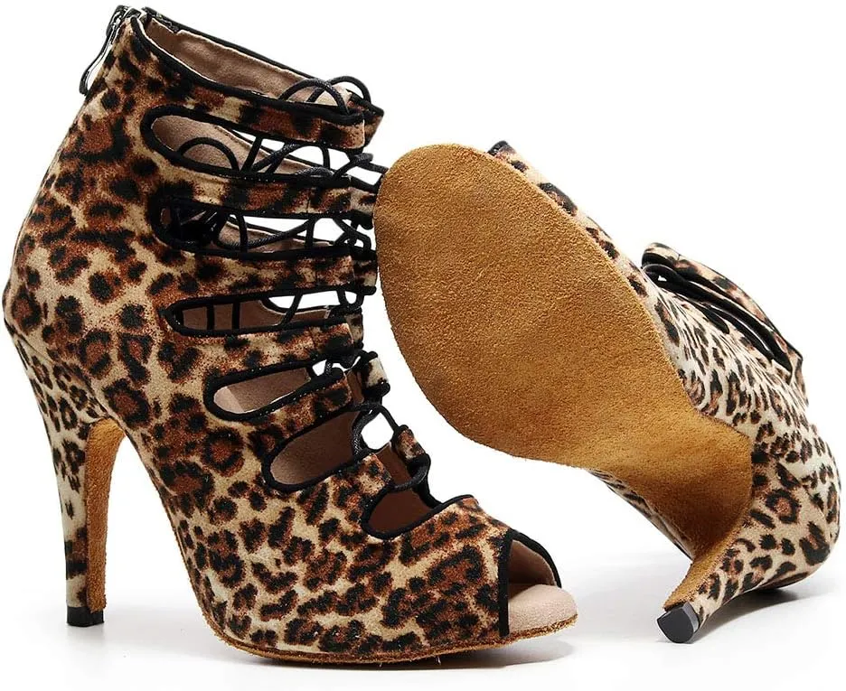 HIPPOSEUS Women's Ankle Dance Boots with Zipper Peep Toe Ballroom Salsa Dance Shoes Heel 4"