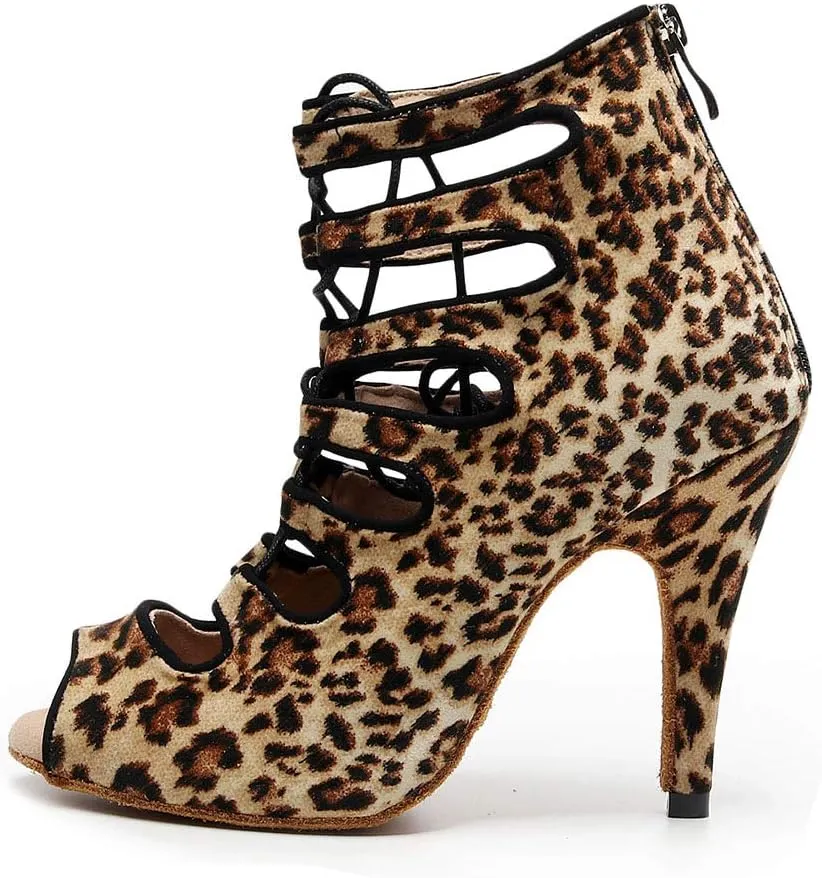 HIPPOSEUS Women's Ankle Dance Boots with Zipper Peep Toe Ballroom Salsa Dance Shoes Heel 4"