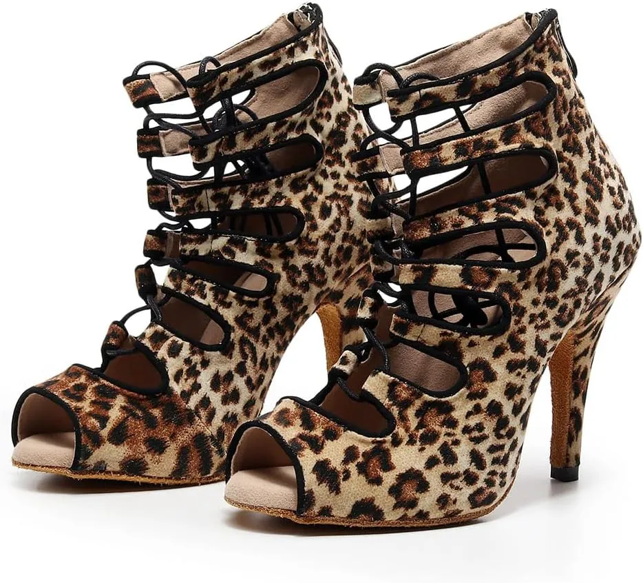 HIPPOSEUS Women's Ankle Dance Boots with Zipper Peep Toe Ballroom Salsa Dance Shoes Heel 4"
