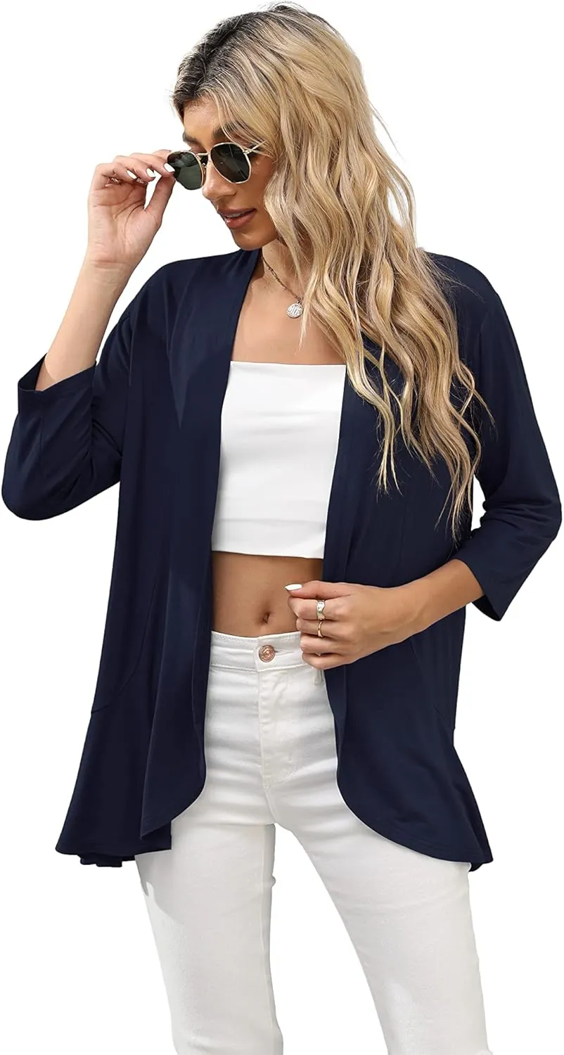 HIYIYEZI Women's Casual Lightweight Open Front Cardigans Soft Draped Ruffles 3/4 Sleeve Cardigan