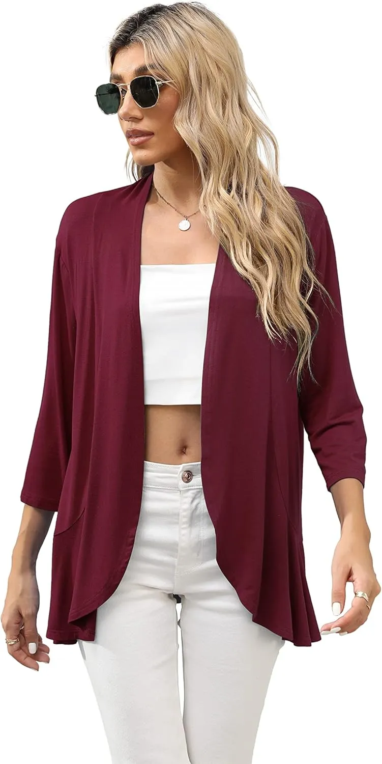 HIYIYEZI Women's Casual Lightweight Open Front Cardigans Soft Draped Ruffles 3/4 Sleeve Cardigan