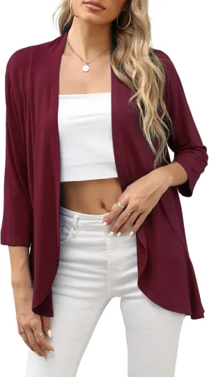 HIYIYEZI Women's Casual Lightweight Open Front Cardigans Soft Draped Ruffles 3/4 Sleeve Cardigan