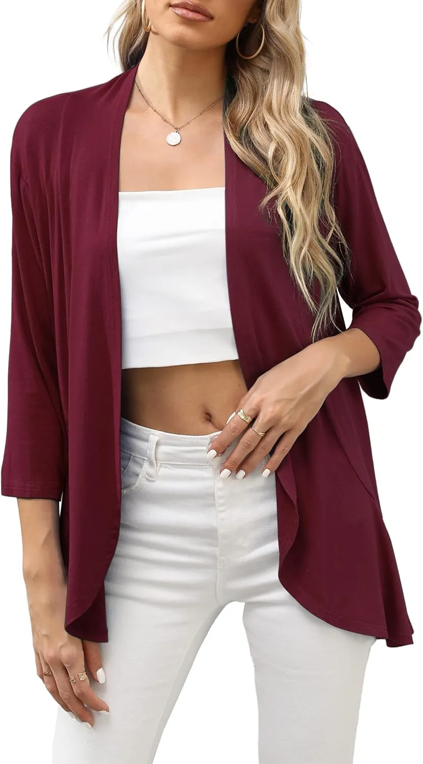 HIYIYEZI Women's Casual Lightweight Open Front Cardigans Soft Draped Ruffles 3/4 Sleeve Cardigan