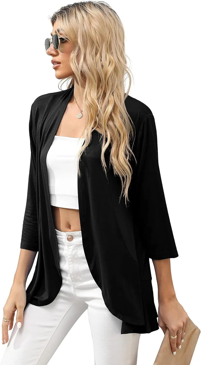HIYIYEZI Women's Casual Lightweight Open Front Cardigans Soft Draped Ruffles 3/4 Sleeve Cardigan