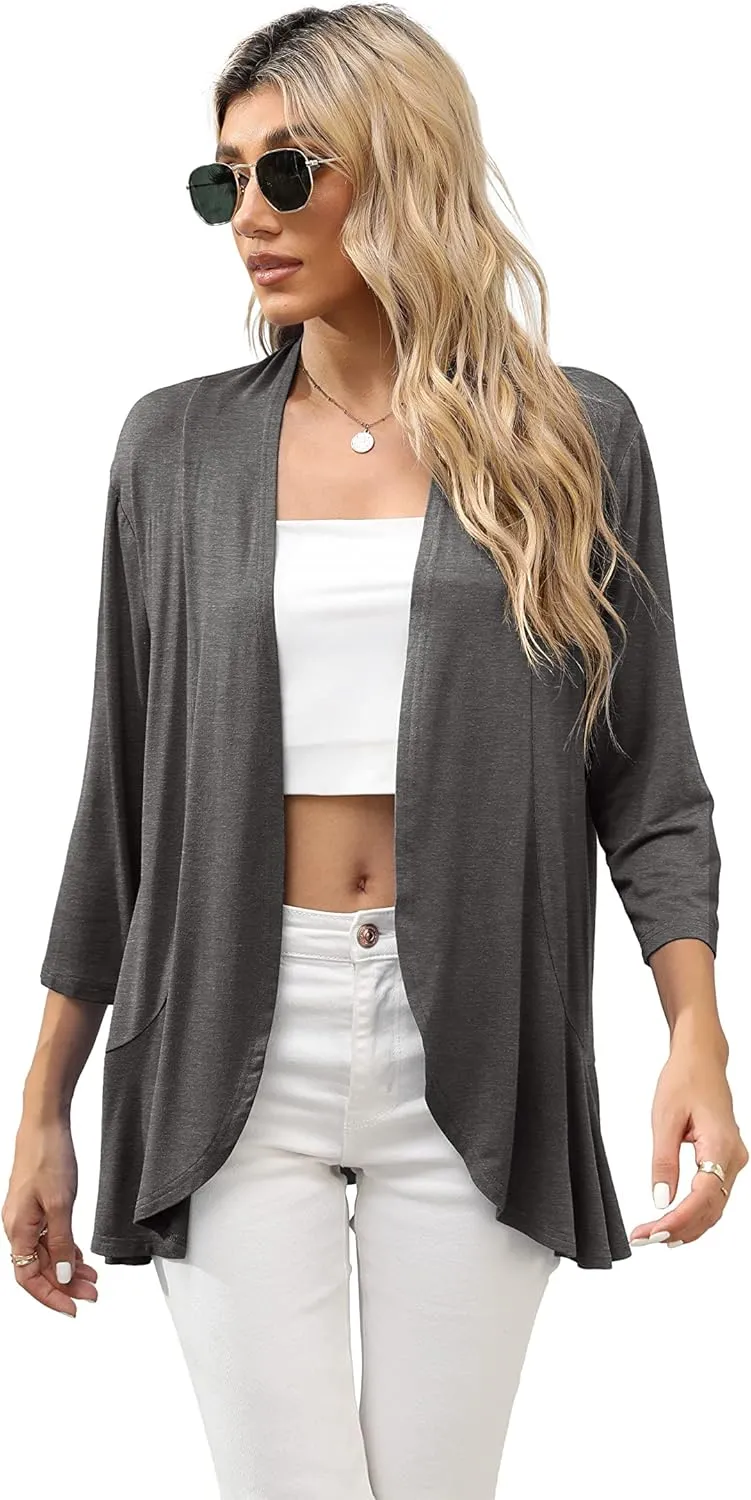 HIYIYEZI Women's Casual Lightweight Open Front Cardigans Soft Draped Ruffles 3/4 Sleeve Cardigan