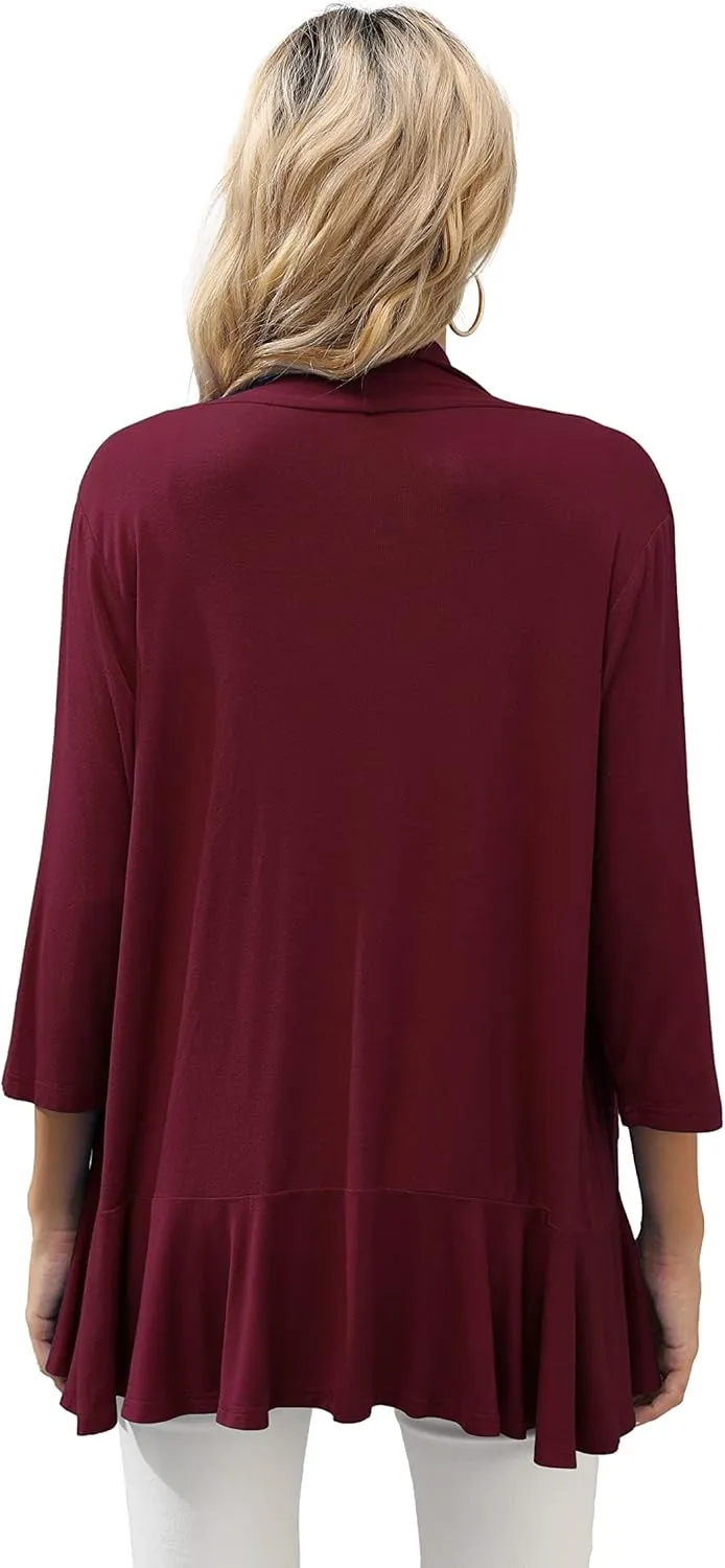 HIYIYEZI Women's Casual Lightweight Open Front Cardigans Soft Draped Ruffles 3/4 Sleeve Cardigan