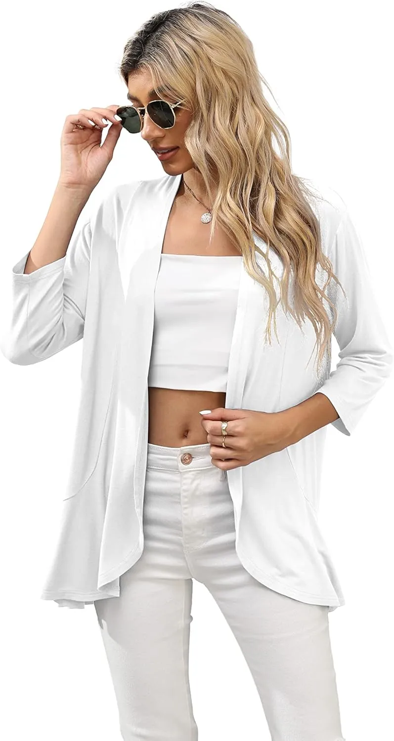 HIYIYEZI Women's Casual Lightweight Open Front Cardigans Soft Draped Ruffles 3/4 Sleeve Cardigan