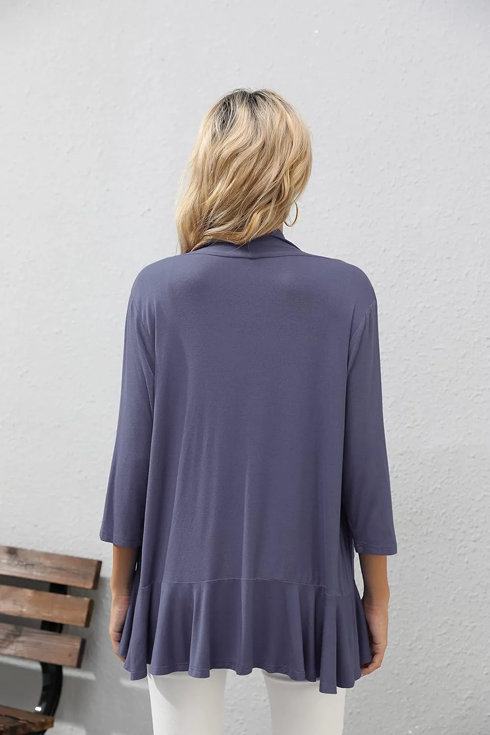 HIYIYEZI Women's Casual Lightweight Open Front Cardigans Soft Draped Ruffles 3/4 Sleeve Cardigan