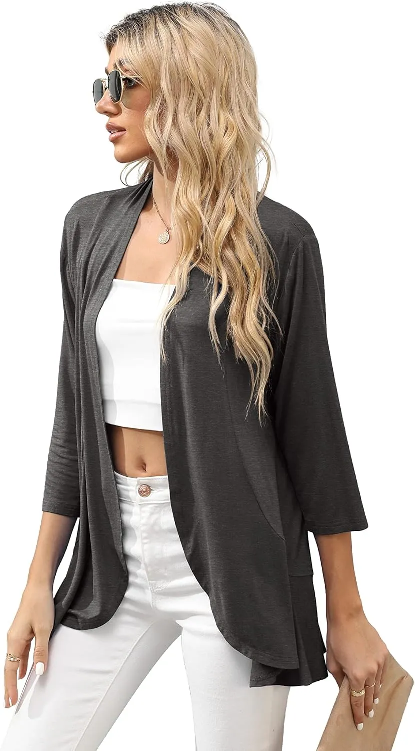 HIYIYEZI Women's Casual Lightweight Open Front Cardigans Soft Draped Ruffles 3/4 Sleeve Cardigan