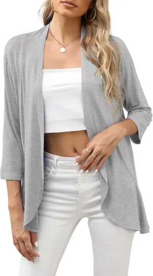 HIYIYEZI Women's Casual Lightweight Open Front Cardigans Soft Draped Ruffles 3/4 Sleeve Cardigan