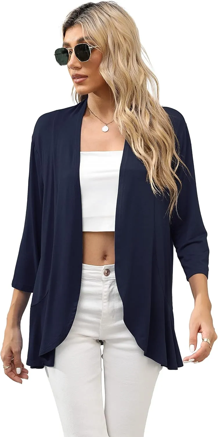 HIYIYEZI Women's Casual Lightweight Open Front Cardigans Soft Draped Ruffles 3/4 Sleeve Cardigan
