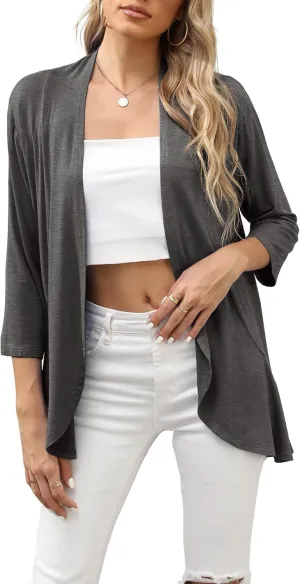 HIYIYEZI Women's Casual Lightweight Open Front Cardigans Soft Draped Ruffles 3/4 Sleeve Cardigan