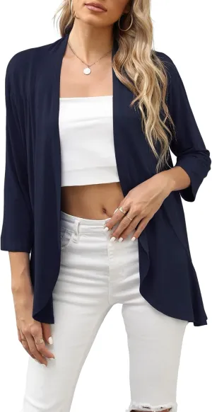 HIYIYEZI Women's Casual Lightweight Open Front Cardigans Soft Draped Ruffles 3/4 Sleeve Cardigan