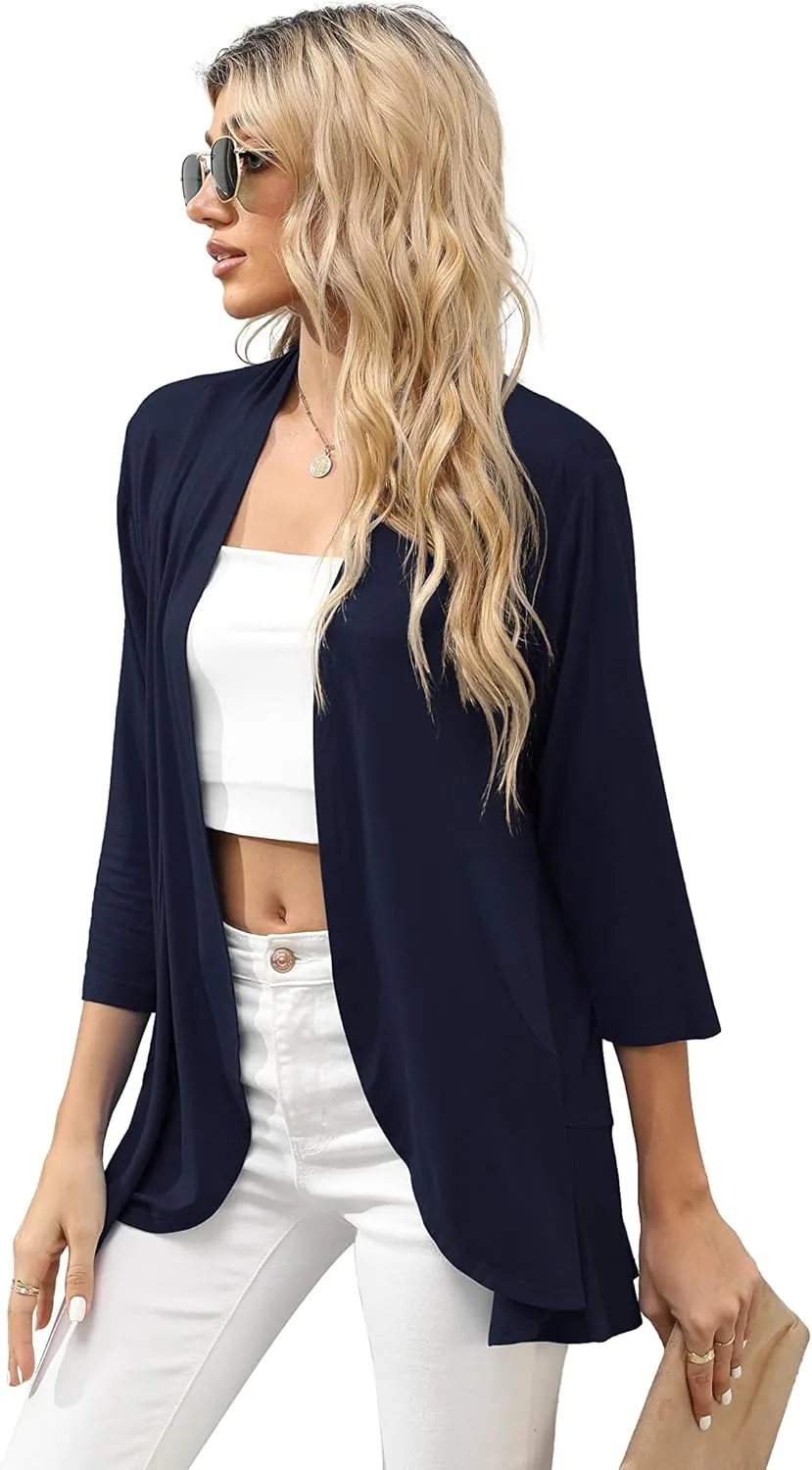 HIYIYEZI Women's Casual Lightweight Open Front Cardigans Soft Draped Ruffles 3/4 Sleeve Cardigan
