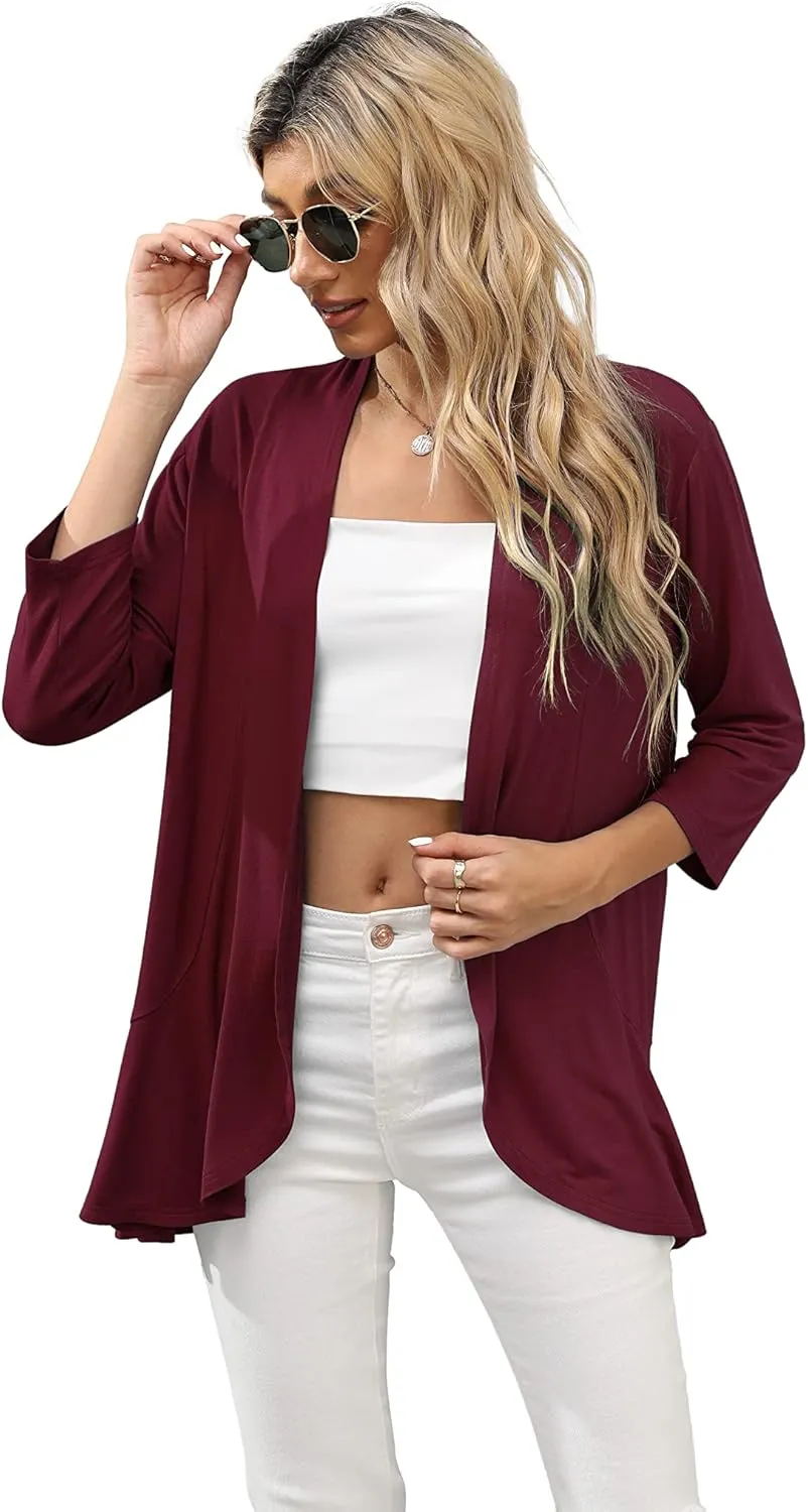 HIYIYEZI Women's Casual Lightweight Open Front Cardigans Soft Draped Ruffles 3/4 Sleeve Cardigan