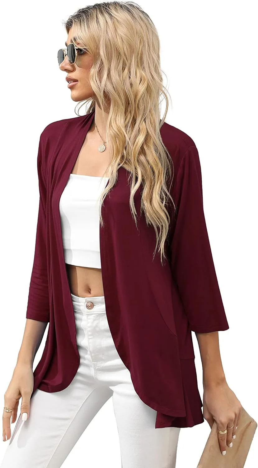 HIYIYEZI Women's Casual Lightweight Open Front Cardigans Soft Draped Ruffles 3/4 Sleeve Cardigan
