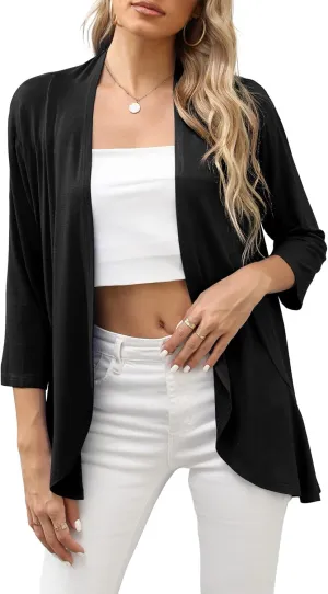HIYIYEZI Women's Casual Lightweight Open Front Cardigans Soft Draped Ruffles 3/4 Sleeve Cardigan